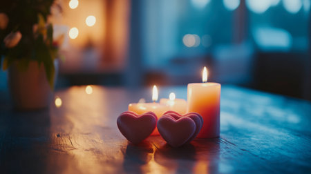 A cozy candlelit arrangement featuring heart-shaped decorations, perfect for romantic occasions. The gentle glow creates a warm atmosphere.の素材