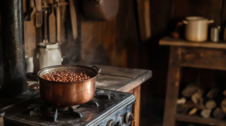 A rustic kitchen scene featuring a copper pot on a stove, filled with ingredients and emitting steam, showcasing a warm and homey atmosphere.の素材