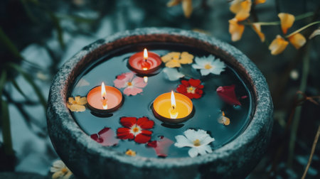 A serene water bowl features floating candles and colorful flowers, creating a tranquil atmosphere perfect for relaxation and meditation experiences.の素材