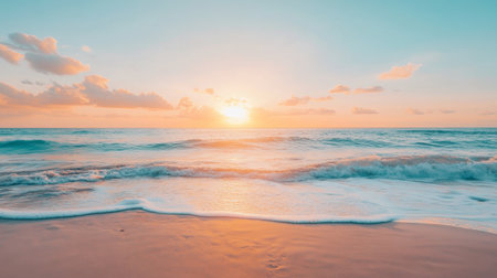 A breathtaking view of a serene ocean sunset with gentle waves lapping at the shore, creating a tranquil atmosphere perfect for relaxation and reflection.の素材