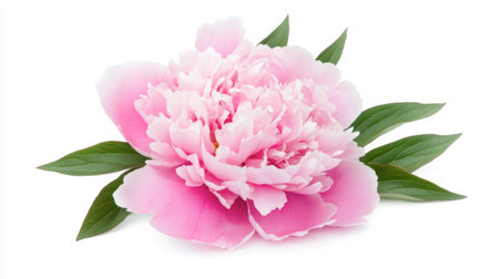 A beautiful pink peony flower with lush green leaves, captured against a clean white background. Perfect for floral designs or nature-inspired themes.の素材