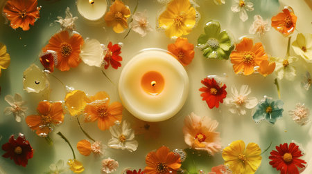 A serene image featuring a candle surrounded by vibrant flowers, creating a peaceful ambiance perfect for relaxation and decoration. Ideal for wellness and spa themes.の素材