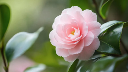 A delicate pink flower surrounded by lush green leaves, showcasing natural beauty. Perfect for nature lovers, floral designs, and serene settings.の素材