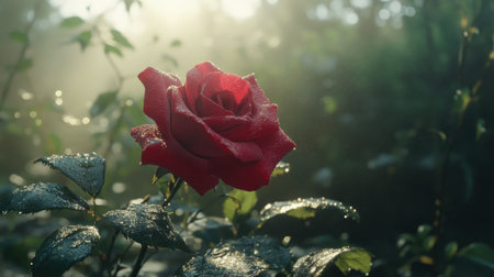 A vibrant red rose adorned with dew drops, basking in gentle morning light, capturing the essence of nature's beauty and tranquility. Perfect for floral themes.の素材