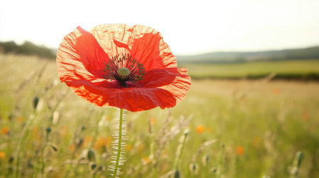 A stunning close-up of a vibrant red poppy flower basking in warm summer light, set against a serene countryside landscape. Perfect for nature lovers.の素材