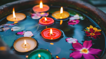 A tranquil setting featuring colorful floating candles and beautiful flowers in a calm water pool, ideal for relaxation, meditation, or festive decor.の素材