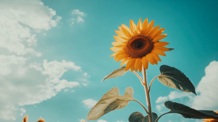 A vibrant sunflower stands tall against a clear blue sky, showcasing its bright yellow petals. This image captures the essence of summer and the beauty of nature.の素材