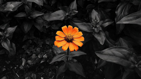 A striking orange flower stands out against dark green leaves, showcasing its vibrant colors and natural beauty in a serene outdoor setting.の素材