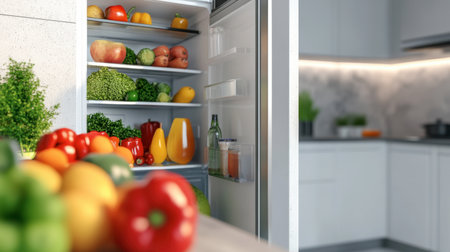 A modern fridge filled with fresh fruits and vegetables, showcasing a healthy lifestyle. The colorful arrangement highlights nutrition and culinary delights in a stylish kitchen setting.の素材