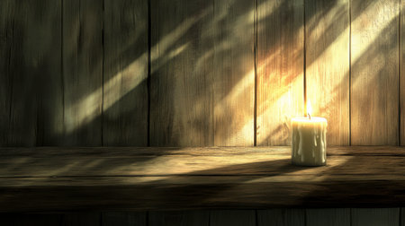 A serene candlelight sits on a wooden table, casting soft shadows and creating a calm atmosphere, perfect for relaxation and peaceful settings.の素材