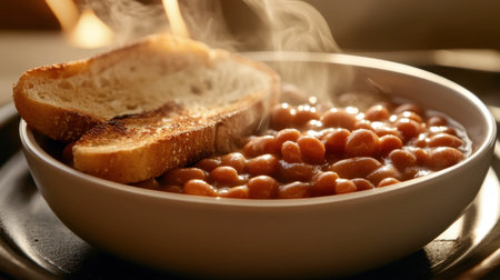A steaming bowl of warm beans paired with crispy toast, creating a comforting meal. Ideal for showcasing rustic dining and homemade cuisine.の素材