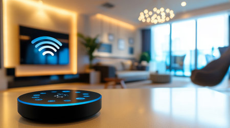 A sleek smart speaker sits on a table in a contemporary living room, showcasing modern design and advanced technology for wireless convenience.の素材