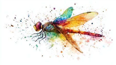 A stunning watercolor illustration of a dragonfly, featuring vibrant colors and dynamic paint splashes. Ideal for nature and art enthusiasts.の素材