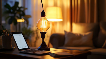 A warm and inviting workspace featuring a vintage-style lamp, laptop, and a touch of greenery, perfect for relaxation and productivity at home.の素材