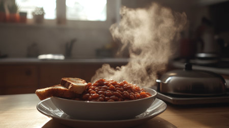 A delicious serving of steaming beans accompanied by toasted bread in a cozy kitchen setting, perfect for breakfast or a comforting meal.の素材