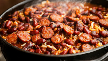 A close-up of a steaming pot filled with hearty beans, delicious sausage slices, and rice, showcasing a warm, inviting meal perfect for any gathering.の素材