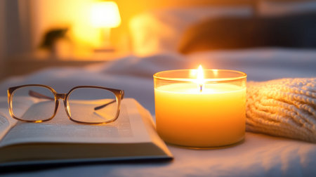 A serene evening scene featuring a lit candle, reading glasses, and an open book on a bed, creating a warm, cozy atmosphere perfect for relaxation.の素材