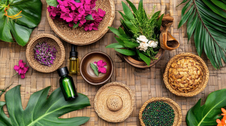 Explore a vibrant flatlay of herbs, flowers, and natural oils in woven baskets. Perfect for wellness, beauty, and botanical-themed projects.の素材
