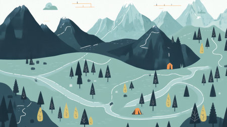 A captivating illustration of a serene mountain landscape featuring a winding river, lush trees, and a cozy campsite. Perfect for outdoor themes.の素材