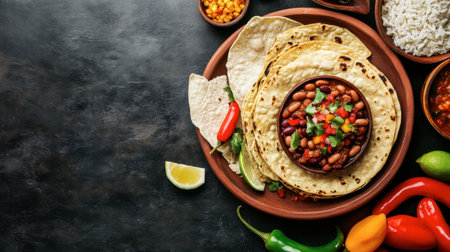 A vibrant plate of tacos featuring beans, fresh peppers, and lime. Perfect for showcasing traditional cuisine and healthy eating choices. Enjoy!の素材