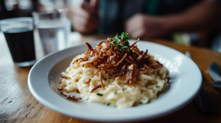 A delicious creamy pasta dish topped with crispy onions, served in a rustic restaurant setting. Perfect for food lovers seeking comfort cuisine.の素材