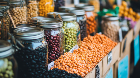 Explore a vibrant display of legumes in glass jars, showcasing a colorful variety perfect for cooking and healthy eating. Ideal for food lovers.の素材
