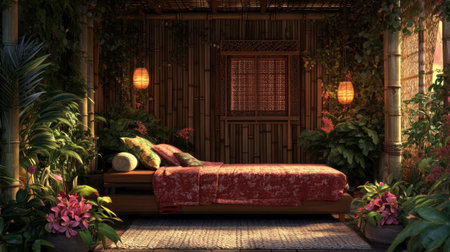 This serene tropical bedroom features a cozy bed surrounded by lush greenery and vibrant flowers, creating a tranquil and inviting atmosphere perfect for relaxation.の素材
