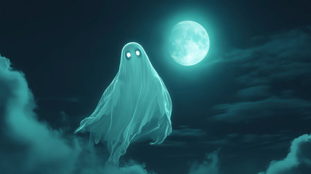 A glowing ghost hovers mysteriously under a full moon, surrounded by dark clouds. This ethereal image evokes feelings of the supernatural and wonder.の素材