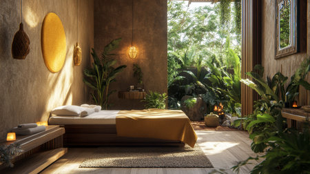 Discover a serene indoor retreat adorned with lush greenery and soft dの素材