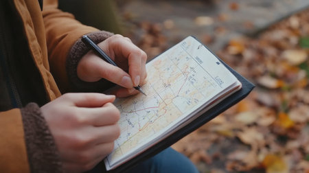 A person is writing detailed notes on a map while surrounded by beautiful autumn leaves, capturing the essence of outdoor adventures and travel planning.の素材