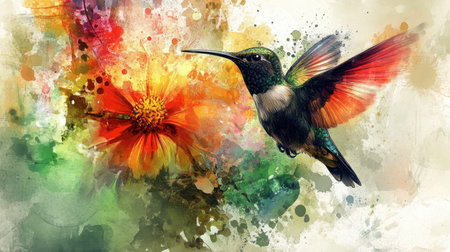 A stunning illustration of a hummingbird in flight near a vibrant flower, capturing the essence of nature's beauty and colorful artistry. Perfect for nature lovers.の素材
