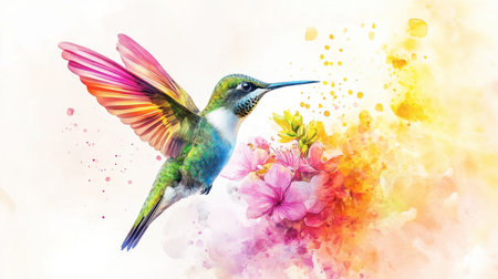 A stunning illustration of a colorful hummingbird in flight, surrounded by vibrant flowers and watercolor splashes. Perfect for nature lovers and art enthusiasts.の素材