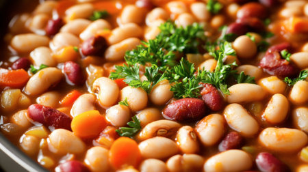 A vibrant close-up of a colorful bean stew garnished with fresh parsley, showcasing a delightful mix of beans and vegetables, perfect for a hearty meal.の素材