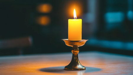 A serene candle placed elegantly on a table, emitting a warm glow. This image captures the essence of relaxation and tranquility in an inviting interior setting.の素材
