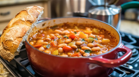 A vibrant pot of hearty bean stew filled with colorful vegetables, perfect for a cozy meal. Accompanied by crusty bread, this dish embodies warmth and comfort.の素材
