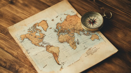 A vintage world map paired with an antique compass rests on a rustic wooden table, evoking a sense of adventure and exploration in every detail.の素材