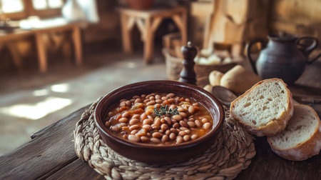 A warm bowl of bean stew paired with fresh bread on a rustic wooden table, capturing the essence of comfort food and cozy dining experiences.の素材