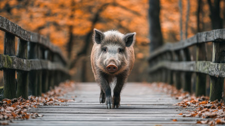 A wild pig strolls confidently down a wooden pathway surrounded by vibrant autumn foliage, capturing the beauty of nature and wildlife.の素材