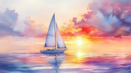 A beautiful scene of a sailboat gliding through calm waters at sunset, surrounded by colorful clouds and reflections, evoking peace and serenity.の素材