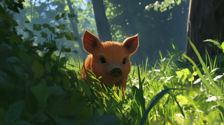 A delightful piglet peeks through lush grass in a vibrant forest. This enchanting scene captures the beauty of young wildlife in a serene environment.の素材