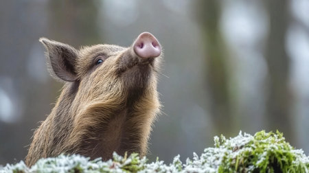 A curious wild boar emerges from the misty forest, showcasing its distinct features against a serene backdrop. Perfect for wildlife themes.の素材