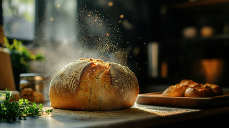 A beautifully baked loaf of bread dusted with flour rests on a rustic kitchen table, evoking the warmth and aroma of freshly made food in a cozy environment.の素材
