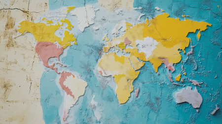 This vintage world map features vibrant colors and textures, showcasing continents and oceans. Ideal for travel-themed designs and educational projects.の素材