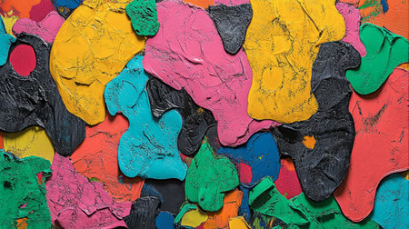 This vibrant abstract artwork features layers of colorful paint applied in an expressive manner, showcasing dynamic textures and eye-catching patterns.の素材