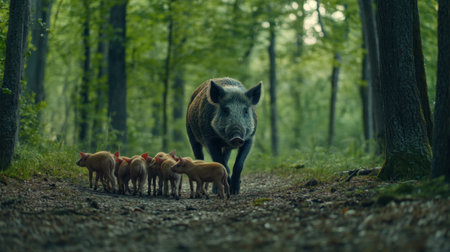 A wild boar leads her piglets through a serene green forest. This enchanting scene captures the beauty of nature and the bond within wildlife families.の素材