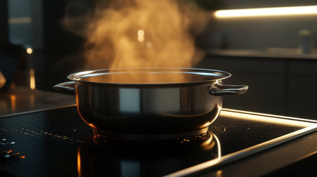 A stunning image of a stainless steel pot on a modern stove, releasing steam as water boils. The warm, inviting atmosphere captures the essence of home cooking and culinary creativity.の素材