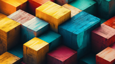 An abstract arrangement of colorful wooden blocks creates a vibrant and playful background. The mix of bright colors and textures adds a modern touch to any design project.の素材