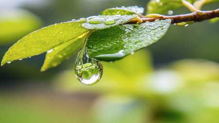 A close-up view of a raindrop on a green leaf showcases nature's beauty. The vibrant colors and intricate details capture the freshness of the outdoors.の素材