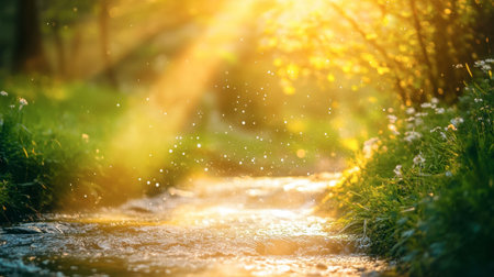 A serene scene showcasing a sparkling stream illuminated by golden sunlight, surrounded by lush greenery and delicate wildflowers, evoking tranquility and beauty.の素材