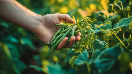 A hand holds fresh green peas, showcasing the bountiful harvest in a lush garden. This image captures the essence of organic farming and nature's beauty.の素材